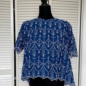 Zara Blue Cotton Blouse with white Broderie Anglaise